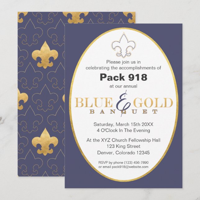 Elegante invitación a Banquetes Blue & Gold (Anverso / Reverso)