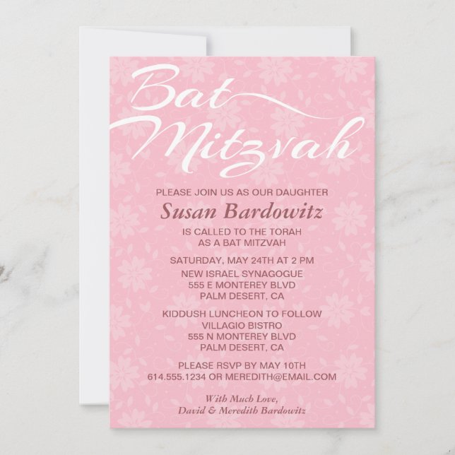 Elegante invitación a Bat Floral Mitzvah (Anverso)