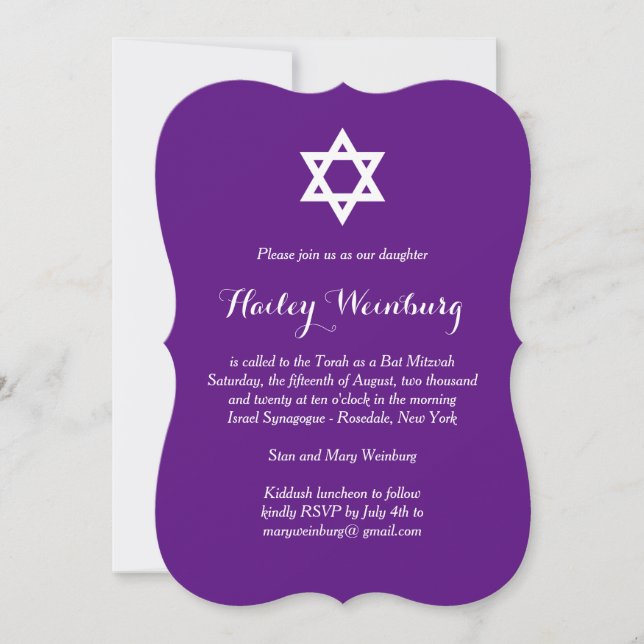 Elegante invitación a Bat Mitzvah (Anverso)