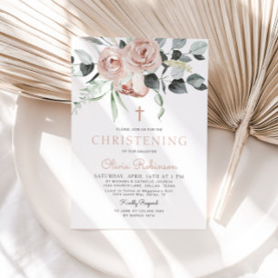 Elegante invitación a bautizar con floración rosa