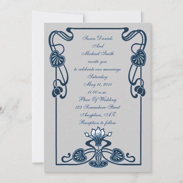 Elegante Invitación a Boda Floral de Plata Azul (Anverso)