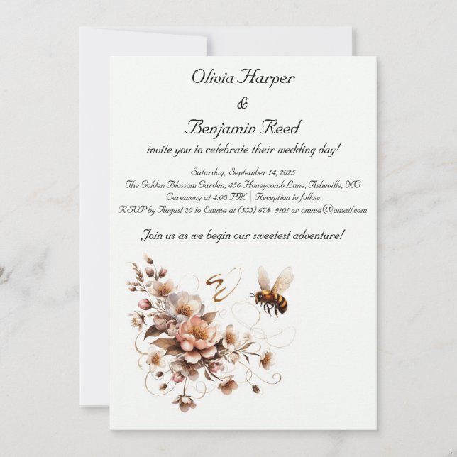 Elegante invitación a bodas con flores y abejas (Anverso)