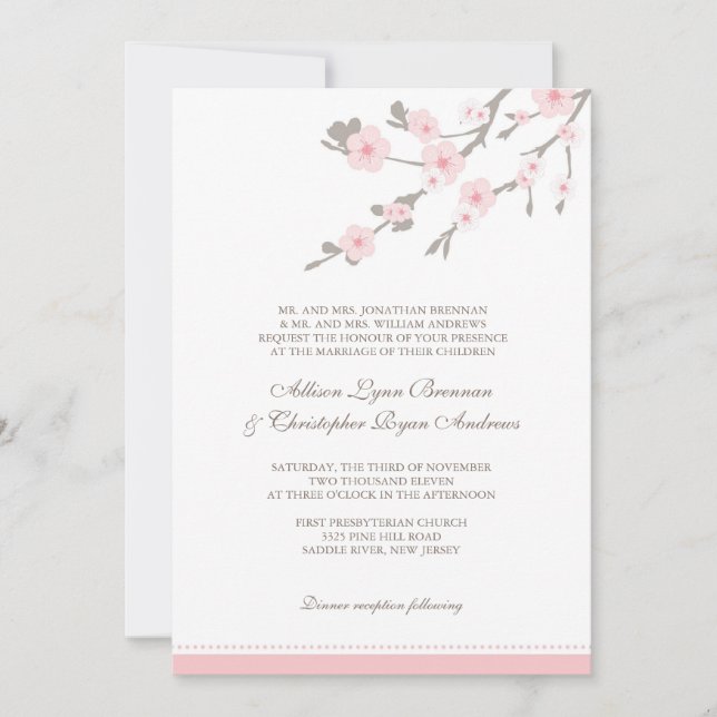 Elegante invitación a bodas de cerezos rosados (Anverso)