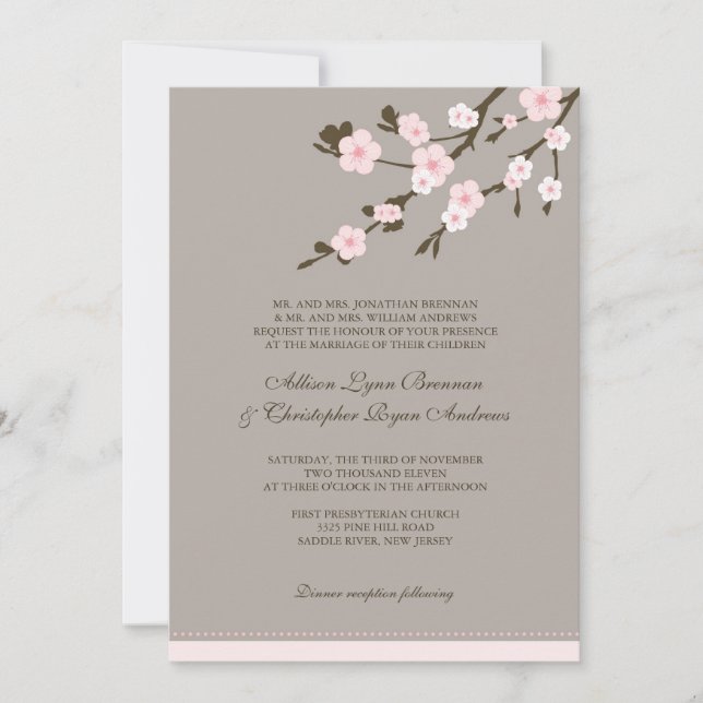 Elegante invitación a bodas de cerezos rosados (Anverso)