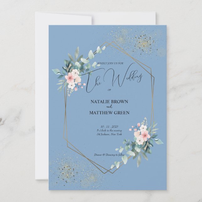 Elegante invitación a bodas de eucalipto azul (Anverso)