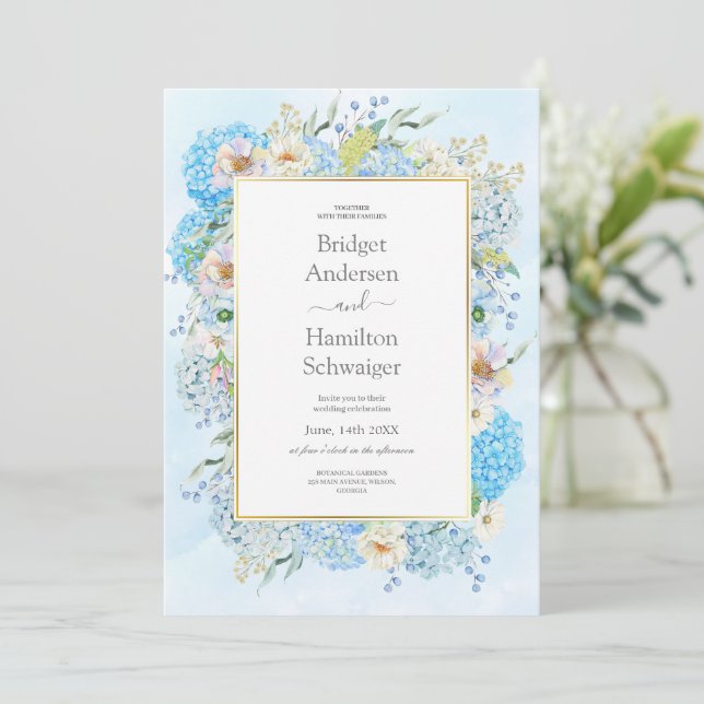 Elegante invitación a bodas de hidrangea azul (Anverso de pie)