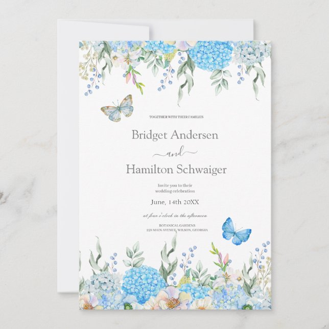 Elegante invitación a bodas de hidrangea azul (Anverso)