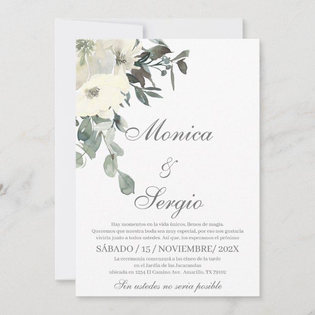 Elegante invitación a bodas de verde en español (Anverso)