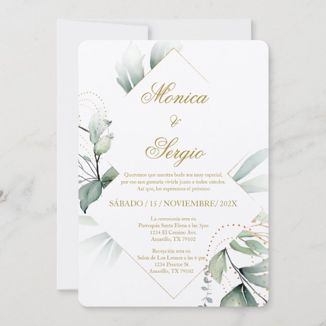 Elegante invitación a bodas de verde en español (Anverso)