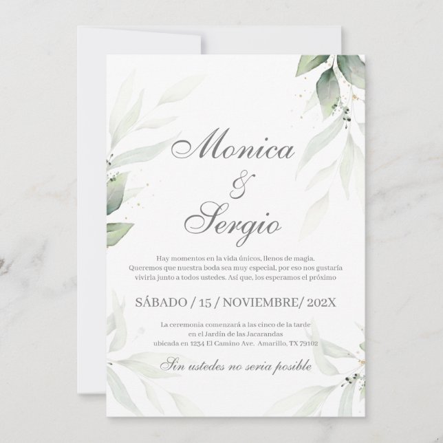 Elegante invitación a bodas de verde en español (Anverso)