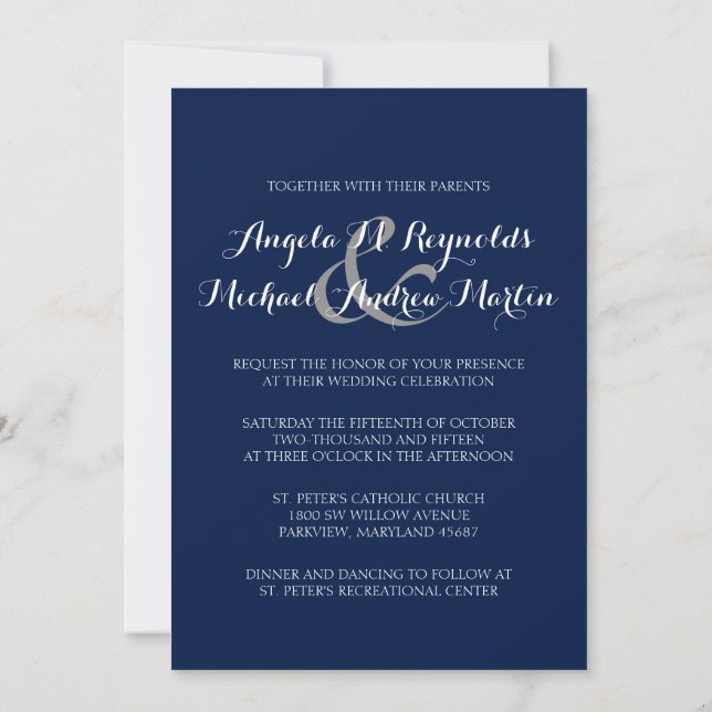 Elegante invitación a bodas en monograma azul de l (Reverso)