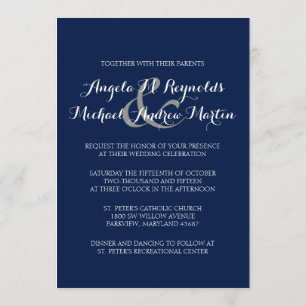 Elegante invitación a bodas en monograma azul de l