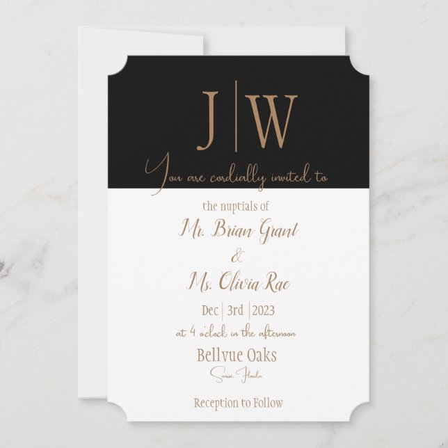 Elegante invitación a bodas en negro, blanco y oro (Anverso)