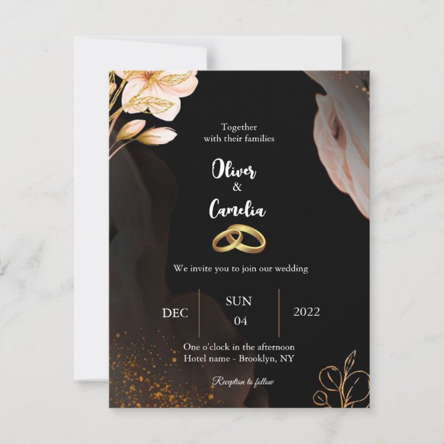 Elegante invitación a bodas en negro y oro (Anverso)