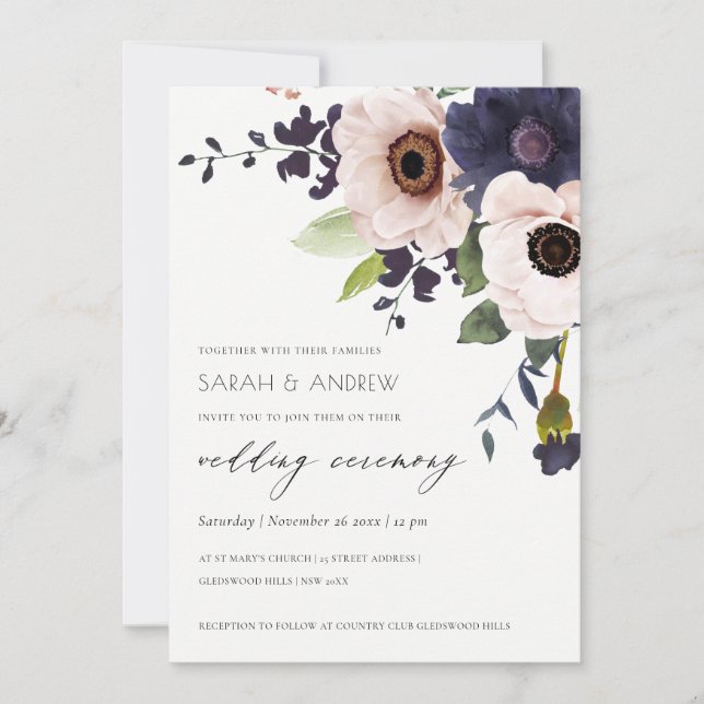 Elegante invitación a bodas florales de la Marina  (Anverso)