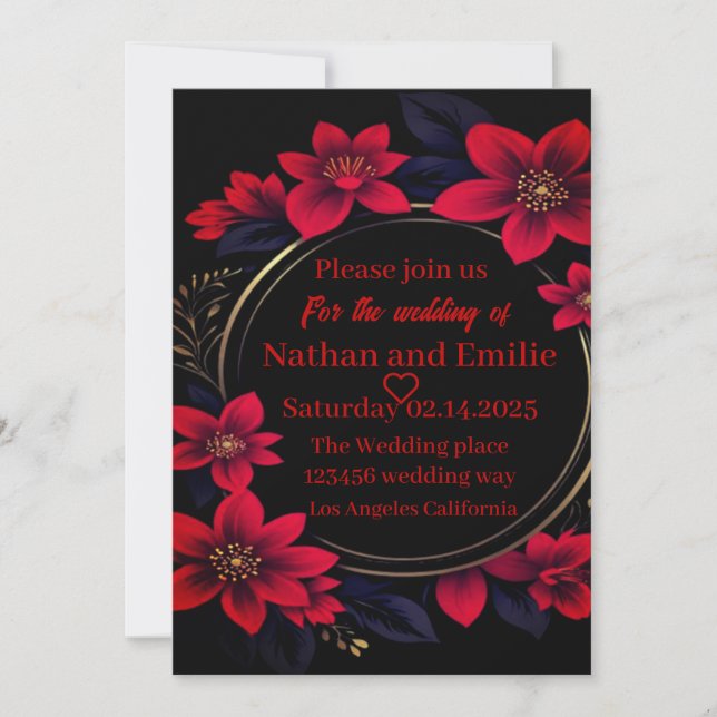 Elegante invitación a bodas rojas y negras (Anverso)