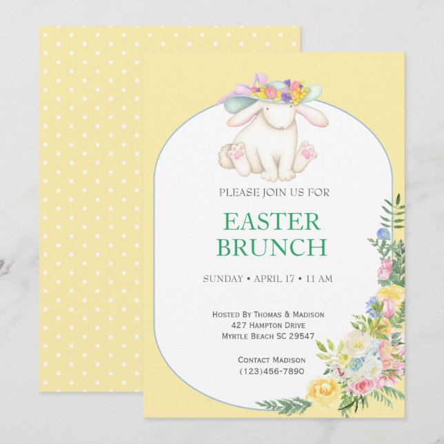 Elegante Invitación a Brunch Amarillo Floral de Pa (Anverso / Reverso)