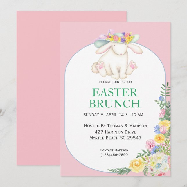 Elegante Invitación a Brunch Floral Rosa de Pascua (Anverso / Reverso)