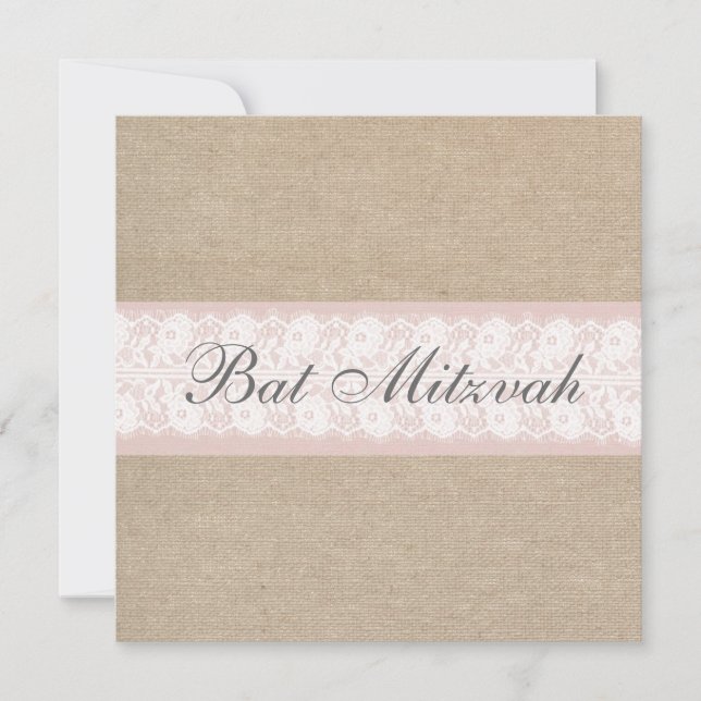 Elegante invitación a Burlap Bat Mitzvah con encaj (Anverso)