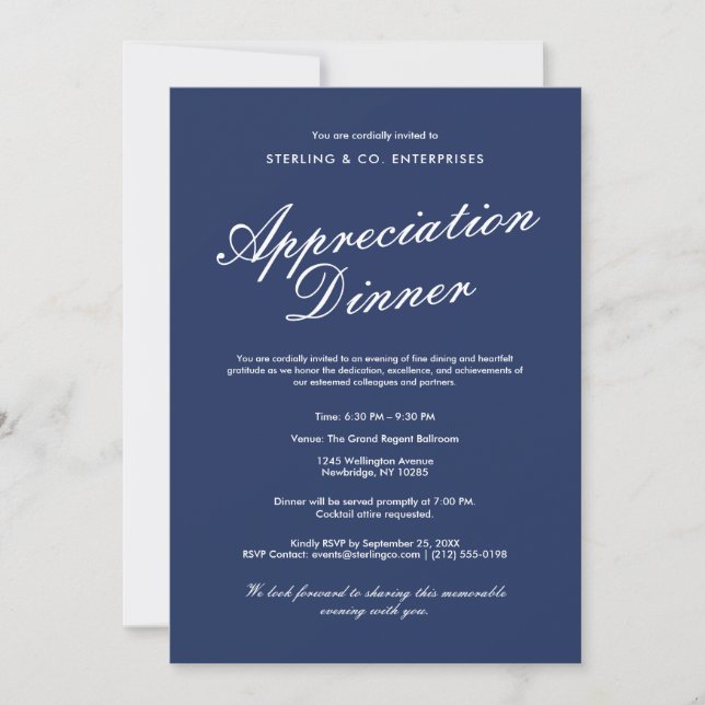 Elegante Invitación a Cenar De Apreciación Corpora (Anverso)