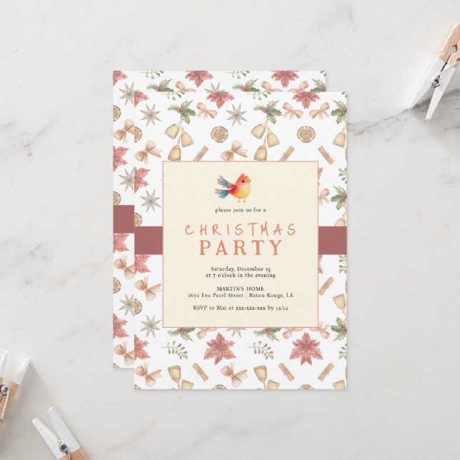 Elegante Invitación a cenar para Navidades de aves (Anverso/Reverso In Situ)