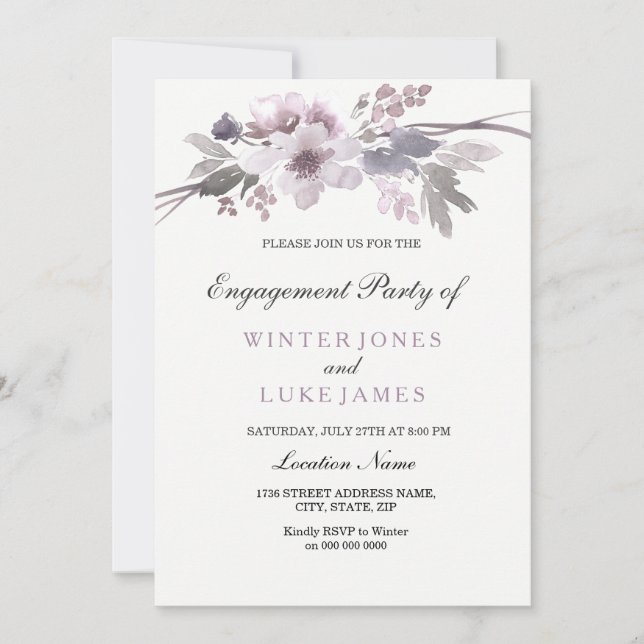 Elegante Invitación a Compromiso Floral Purple Win (Anverso)