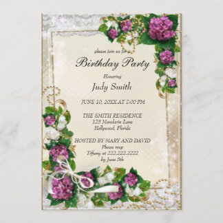 Elegante invitación a cumpleaños con flores morada
