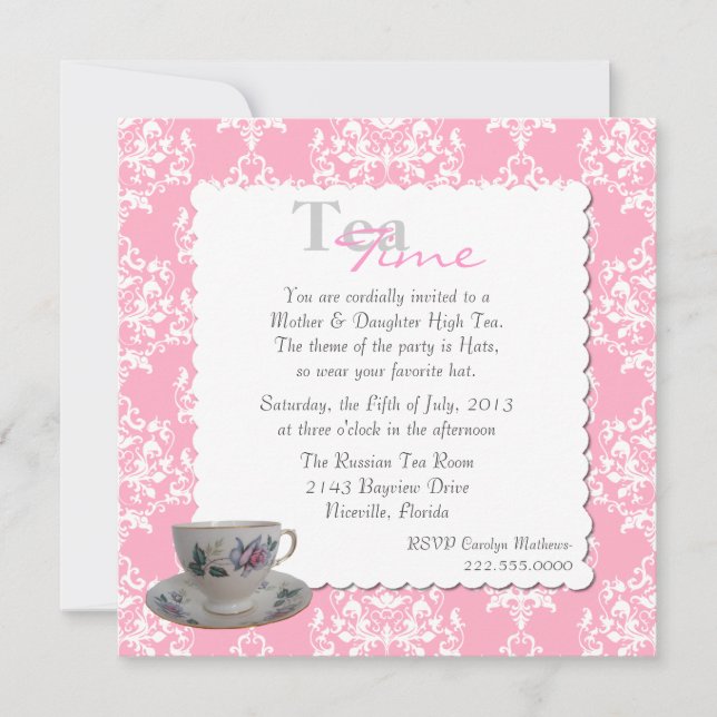 Elegante invitación a Damasco rosa Fiesta de té (Anverso)