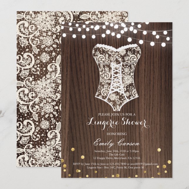 Elegante invitación a ducha de lencería de encaje (Anverso / Reverso)