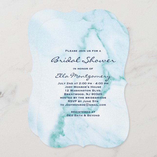 Elegante Invitación a ducha de novia de mármol Aqu (Anverso / Reverso)