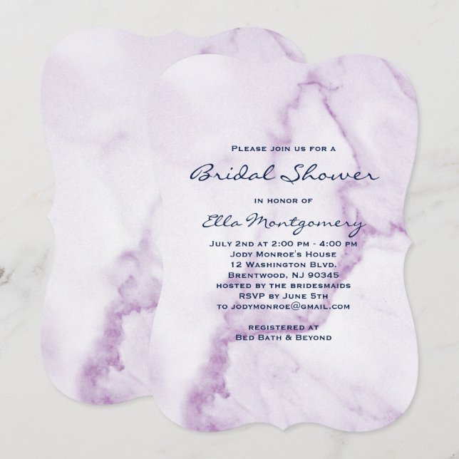 Elegante invitación a ducha de novia de mármol púr (Anverso / Reverso)