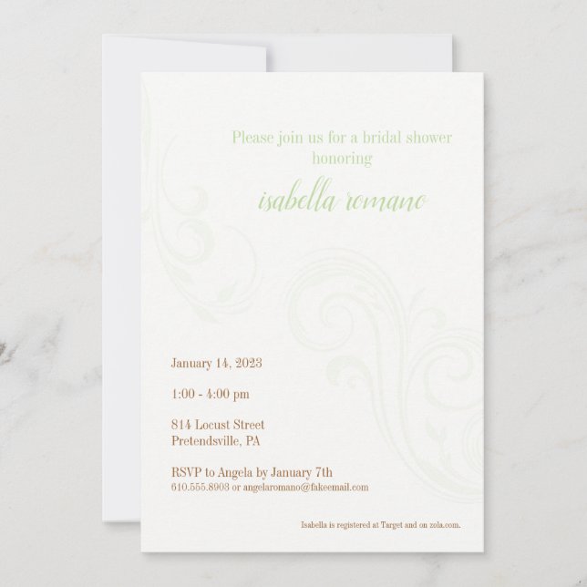 Elegante Invitación a ducha de novia, menta (Anverso)