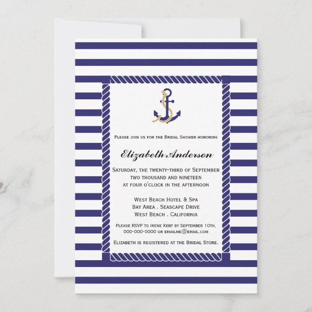 Elegante Invitación a ducha nupcial náutica (Anverso)