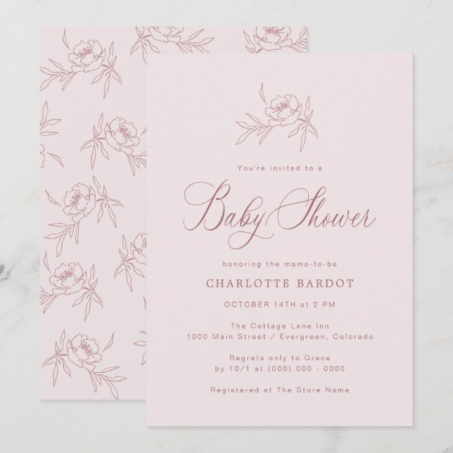 Elegante Invitación a ducha rosa para bebé (Anverso / Reverso)