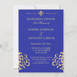 Elegante invitación a ensayo de Damasco azul y oro