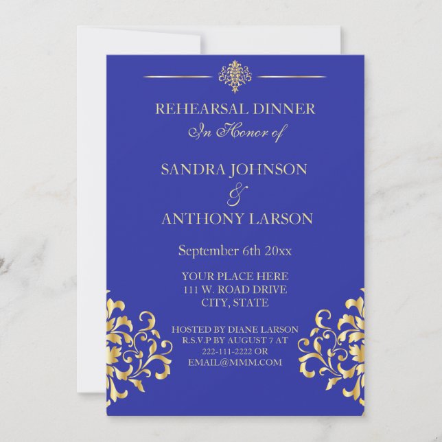 Elegante invitación a ensayo de Damasco azul y oro (Anverso)