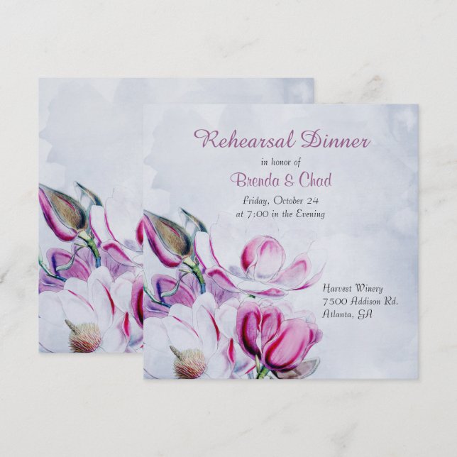 Elegante invitación a ensayo de Magnolias Bodas (Anverso / Reverso)