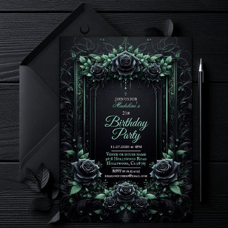 Elegante Invitación a fiesta floral en negro y ver
