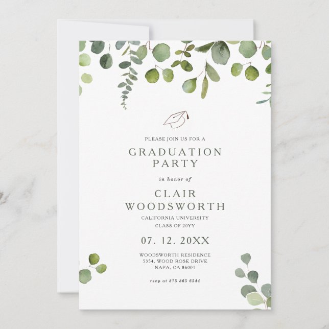Elegante invitación a graduación de eucalipto verd (Anverso)