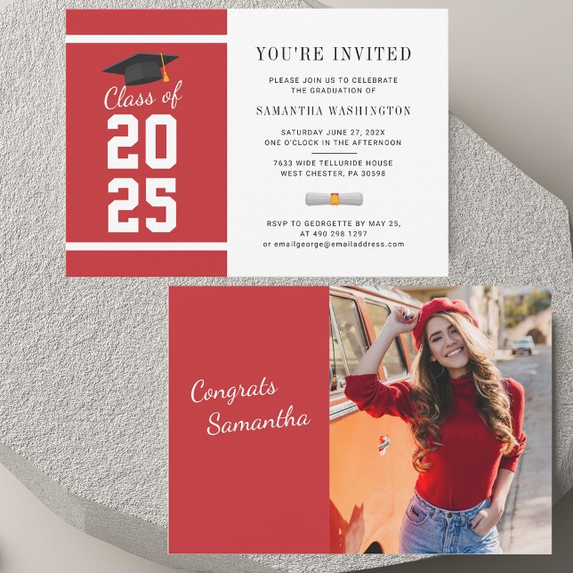 Elegante invitación a graduación de fotos 2025 (Graduation Red and White Photo Invitation)