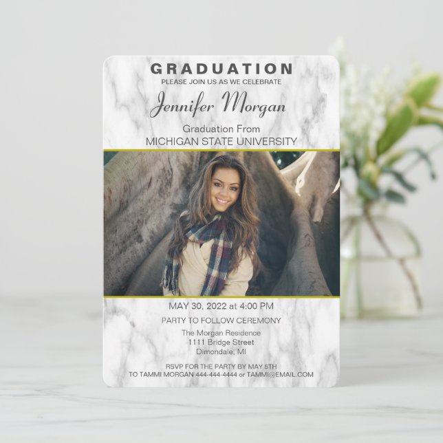 Elegante invitación a graduación de fotos de mármo (Anverso de pie)
