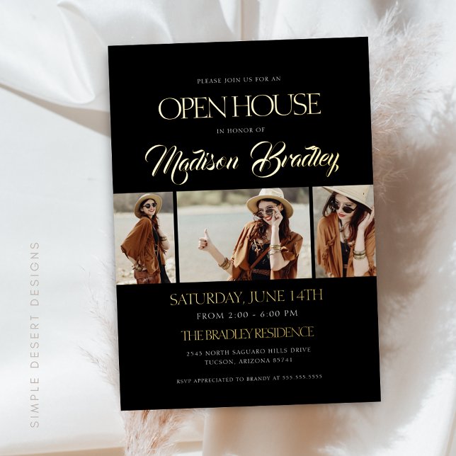 Elegante invitación a graduación de Relieve metali (Modern Black Graduation Invitation with Gold Foil Script and Simple Typography)