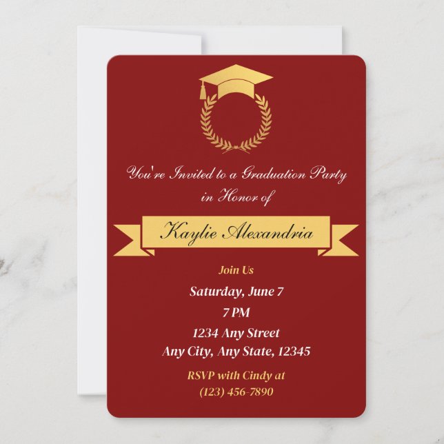 Elegante Invitación a graduación de rojo y oro (Anverso)