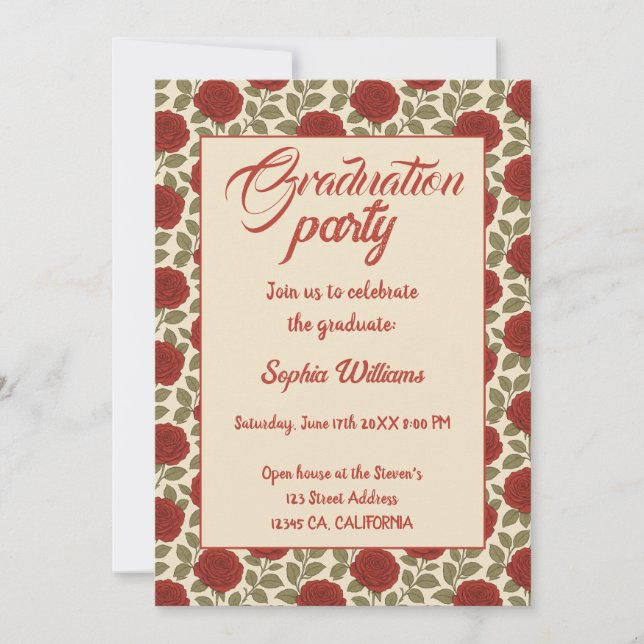 Elegante invitación a graduación de rosa rojo con  (Anverso)