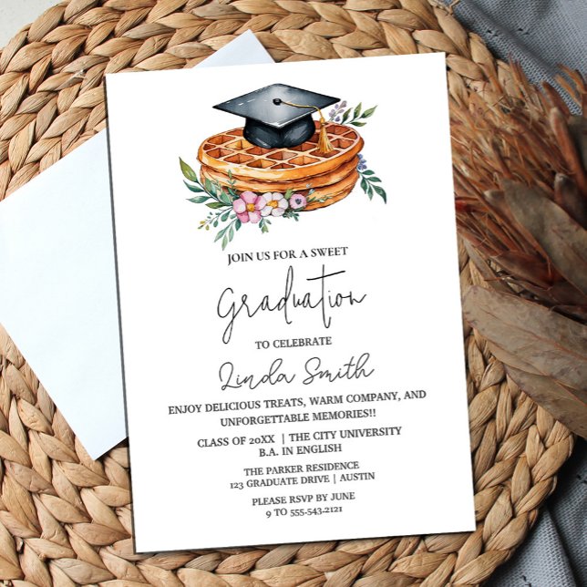 Elegante Invitación a graduación de Waffle Floral (Sweet success! 🎓🥞 Celebrate with waffles & good company. #ClassOf2025")
