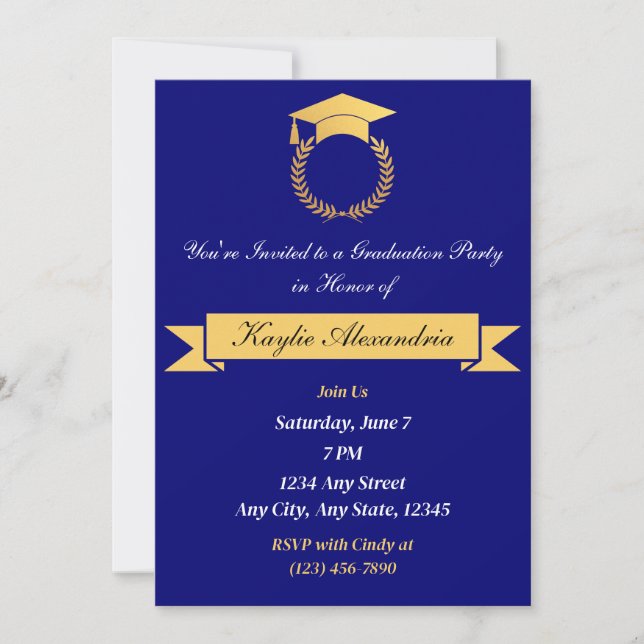 Elegante invitación a graduación en azul y oro (Anverso)