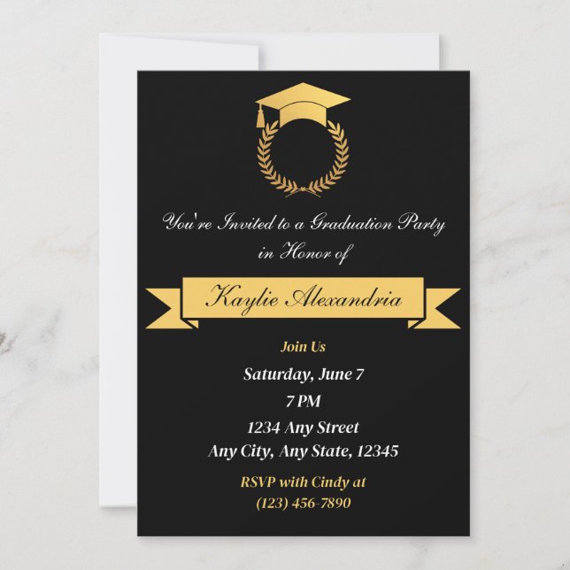 Elegante invitación a graduación en negro y oro 20 (Anverso)