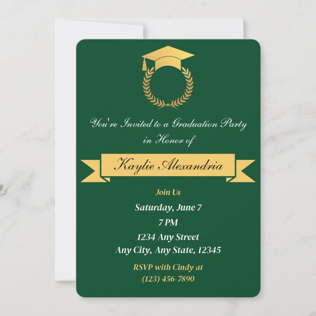 Elegante Invitación a graduación en verde y oro (Anverso)