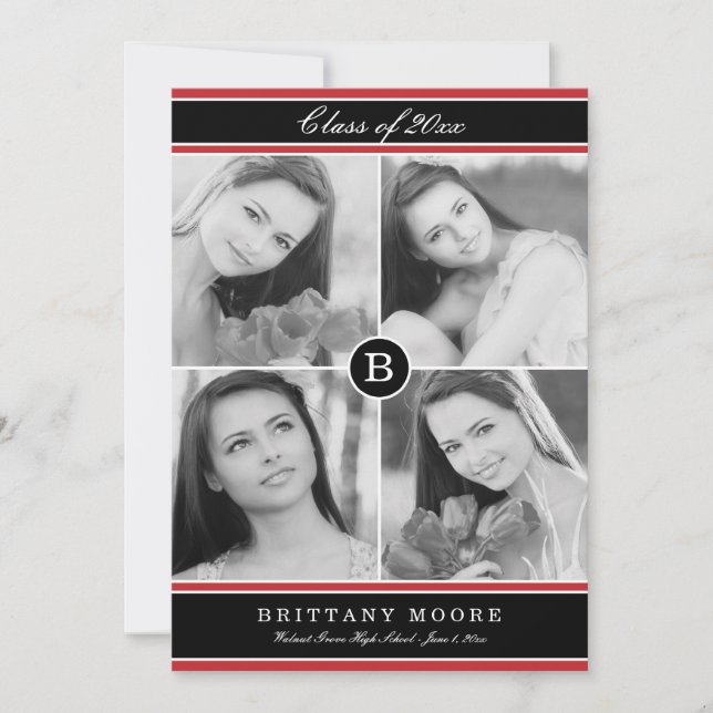 Elegante invitación a graduación inicial - Rojo (Anverso)