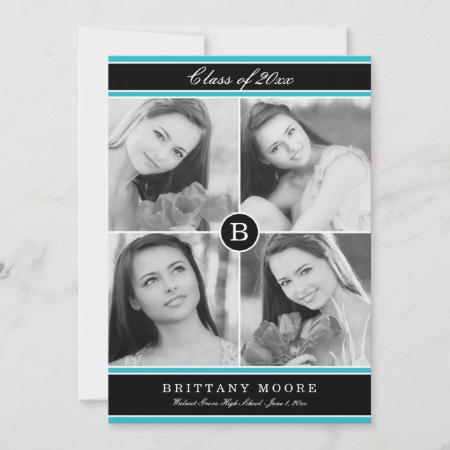 Elegante invitación a graduación inicial - Turques (Anverso)